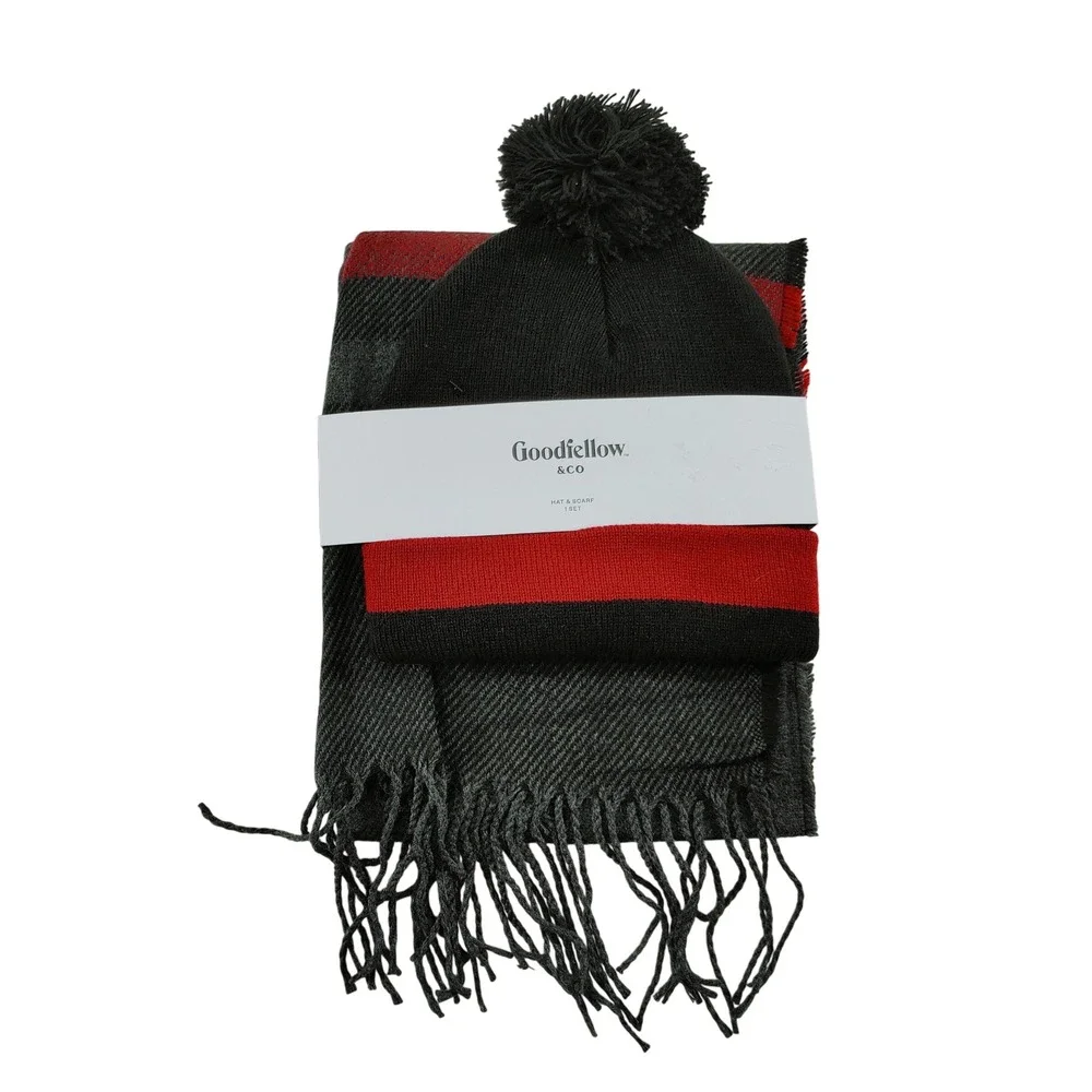 Goodfellow Co‎ Mens Knit Beanie Hat and Scarf Set Black Red Stripe Pom Pom